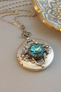 Ocean Aquamarine,Aquamarine,Locket,Antique Locket,Silver Locket,Aqua Stone,Princess Cut.Birthstone,Chrysolite,Aqua BlueValleygirldesigns.