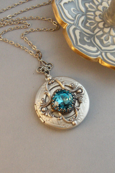 Ocean Aquamarine,Aquamarine,Locket,Antique Locket,Silver Locket,Aqua Stone,Princess Cut.Birthstone,Chrysolite,Aqua BlueValleygirldesigns.