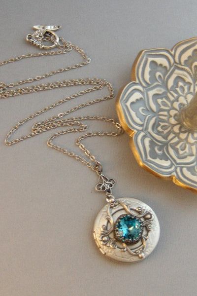 Ocean Aquamarine,Aquamarine,Locket,Antique Locket,Silver Locket,Aqua Stone,Princess Cut.Birthstone,Chrysolite,Aqua BlueValleygirldesigns.