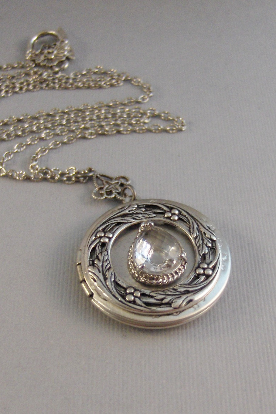 SALE Victorian Diamond,Locket,Antique Locket,Silver Locket,Diamond,Rhinestone,April,Birthstone,Clear Stone,Diamond Birthstone
