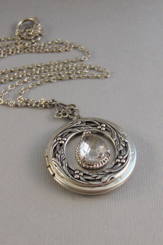 SALE Victorian Diamond,Locket,Antique Locket,Silver Locket,Diamond,Rhinestone,April,Birthstone,Clear Stone,Diamond Birthstone