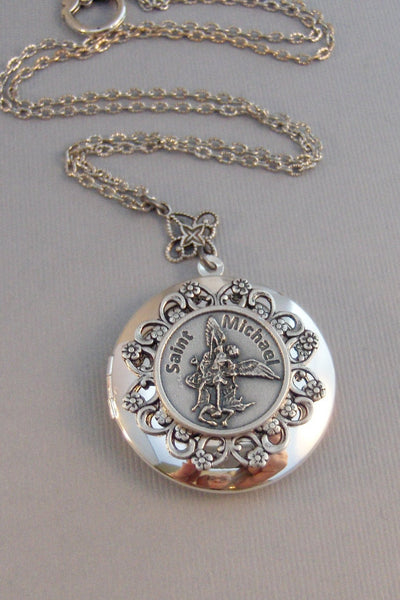 Saint Michael,Necklace,Locket,Silver Locket,Police,Military,Saint,Michael,Medal,Silver,Saint,Saint Necklace,Saint,Jewelry Valleygirldesigns.