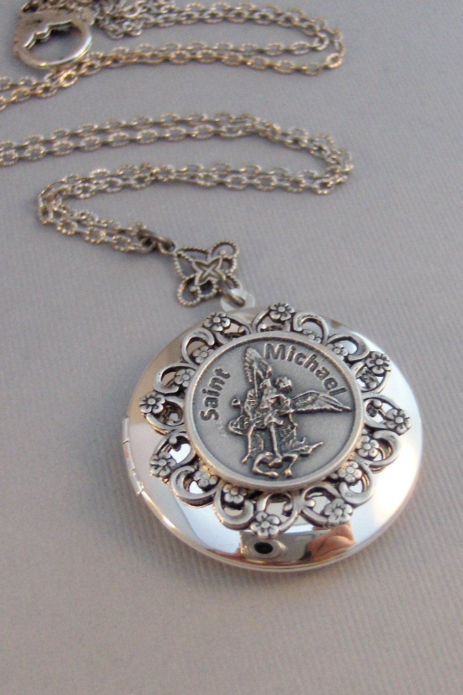 Saint Michael,Necklace,Locket,Silver Locket,Police,Military,Saint,Michael,Medal,Silver,Saint,Saint Necklace,Saint,Jewelry Valleygirldesigns.