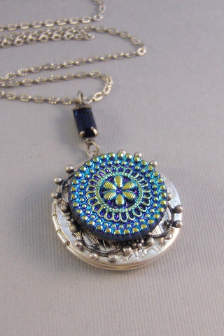 SALE Glowing Bloom,Locket,Silver,Turquoise Necklace,Gemstone,Necklace,Antique Locket,Blue Stone,Green Stone,aqua Stone.valleygirldesigns.