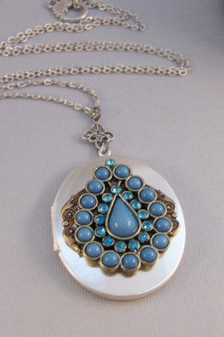 SALE Blue Bliss,Locket,Silver,Turquoise Necklace,Gemstone,Necklace,Antique Locket,Blue Stone,Green STone,/aqua STone.valleygirldesigns.