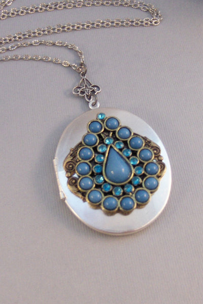 SALE Blue Bliss,Locket,Silver,Turquoise Necklace,Gemstone,Necklace,Antique Locket,Blue Stone,Green STone,/aqua STone.valleygirldesigns.