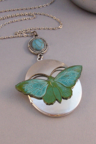 SALE Water Flutter,Butterfly,Butterfly Neckalce,Bird Neckalce,Bird Locket,Locket,Green,Green Locket,Silver Locket,Woodland valleygirldesigns
