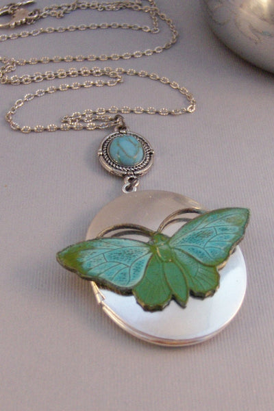 SALE Water Flutter,Butterfly,Butterfly Neckalce,Bird Neckalce,Bird Locket,Locket,Green,Green Locket,Silver Locket,Woodland valleygirldesigns