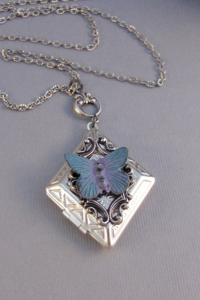 SALE Ocean Dream,Butterfly,Butterfly Neckalce,Bird Neckalce,Bird Locket,Locket,Green,Green Locket,Silver Locket,Woodland,valleygirldesigns.