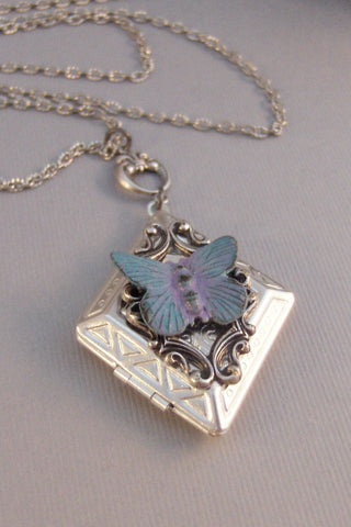 SALE Ocean Dream,Butterfly,Butterfly Neckalce,Bird Neckalce,Bird Locket,Locket,Green,Green Locket,Silver Locket,Woodland,valleygirldesigns.