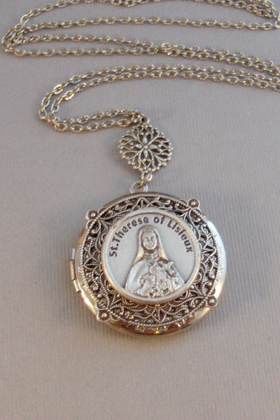 Saint Therese,Necklace,Locket,Silver Locket,Mens,Saint,Therese,Medal,Silver,Religious,Religious Jewelry,Religious Necklace,Valleygirldesigns