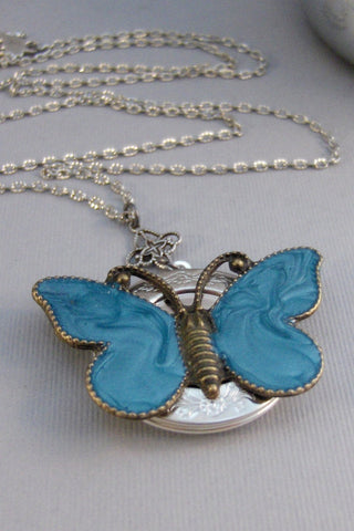 SALE Indigo Flutter,Butterfly,Butterfly Neckalce,Bird Neckalce,Bird Locket,Locket,Green,Green Locket,Silver Locket,Woodland,Sage