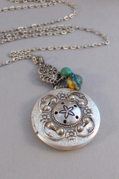 Sand Dollar,Locket,Sand Dollar Locket,Blue Locket,Green Locket,Shell Locket,Antique Locket,Silver Locket,Ocean Locket,valleygirldesigns