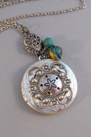 Sand Dollar,Locket,Sand Dollar Locket,Blue Locket,Green Locket,Shell Locket,Antique Locket,Silver Locket,Ocean Locket,valleygirldesigns