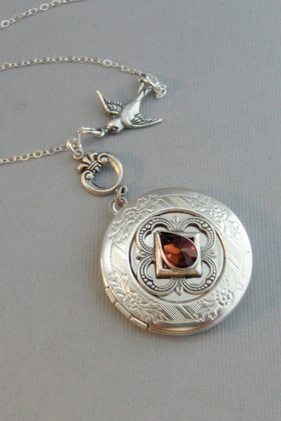 Garnet Sparrow,Garnet Locket,Antique Locket,Silver Locket, Red Locket,Red,Garnet Necklace,Gemstone Locket,Gemstone Necklace,Genuine