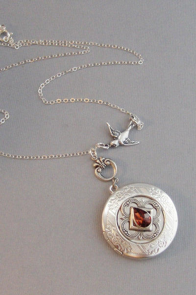 Garnet Sparrow,Garnet Locket,Antique Locket,Silver Locket, Red Locket,Red,Garnet Necklace,Gemstone Locket,Gemstone Necklace,Genuine