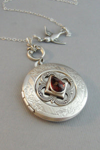 Garnet Sparrow,Garnet Locket,Antique Locket,Silver Locket, Red Locket,Red,Garnet Necklace,Gemstone Locket,Gemstone Necklace,Genuine