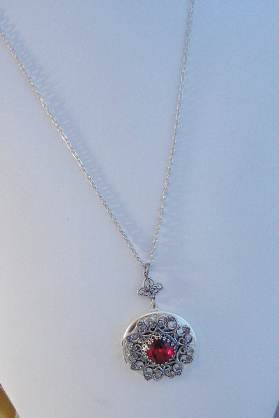 Graceful Garnet Locket,Antique Locket,Silver Locket,Garnet Stone,Vintage Rhinestone,Vintage,Red Stone,Garnet Birthstone.Valleygirldesigns.