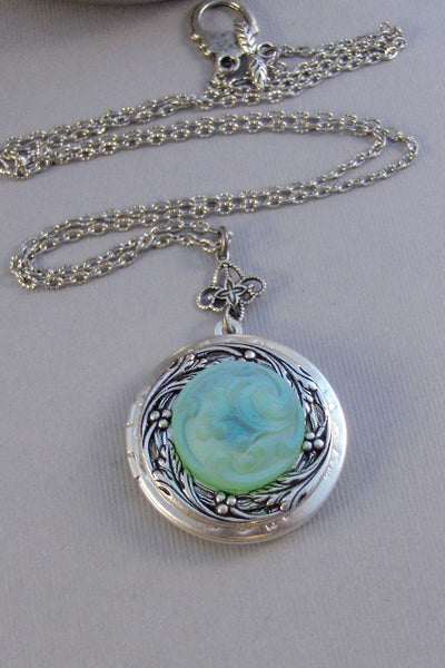 Visionary,Locket,Green Locket,Necklace,Green Necklace,Sea Foam,Sea Foam Locket,Ocean Locket,Ocan Green,Aqua,Antique Locket,Silver Locket,