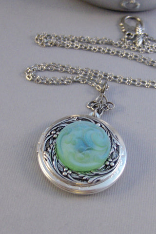 Visionary,Locket,Green Locket,Necklace,Green Necklace,Sea Foam,Sea Foam Locket,Ocean Locket,Ocan Green,Aqua,Antique Locket,Silver Locket,