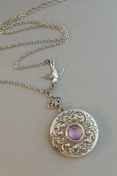 Lavender Tranquility,Alexandrite,Locket,Antique Locket,Silver Locket,Bird,Purple Necklace,Purple Locket,Bird Locket,June, Valleygirldesigns.