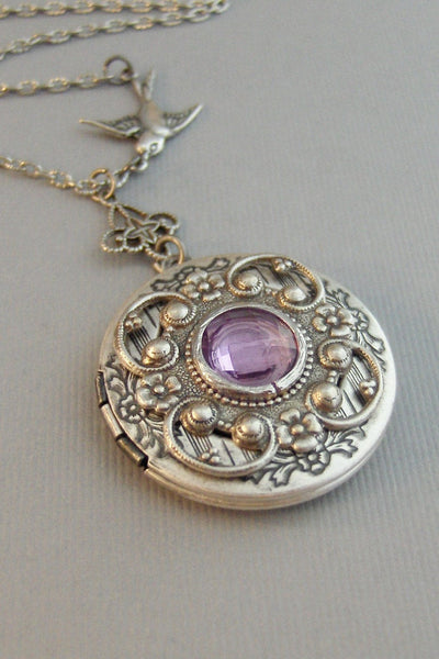 Lavender Tranquility,Alexandrite,Locket,Antique Locket,Silver Locket,Bird,Purple Necklace,Purple Locket,Bird Locket,June, Valleygirldesigns.