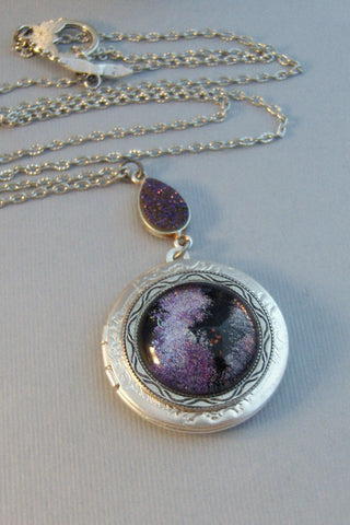 Galaxy Purple,Locket,Silver,Purple,Purple Locket,Galaxy Necklace,Galaxy Locket,Purple Necklace,Purple STone,Druzy,Druzy Necklace,Druzie,Drus