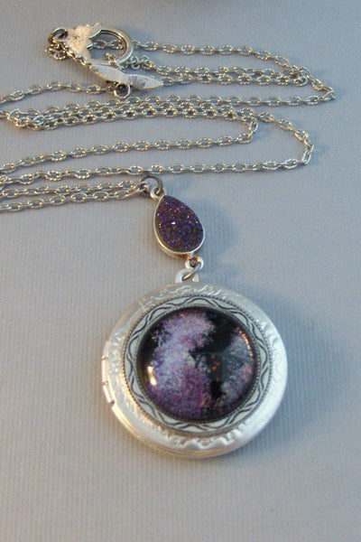 Galaxy Purple,Locket,Silver,Purple,Purple Locket,Galaxy Necklace,Galaxy Locket,Purple Necklace,Purple STone,Druzy,Druzy Necklace,Druzie,Drus