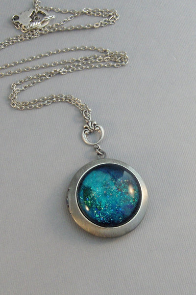 Blue Nile,Locket,Silver,Turquoise,Blue,Galaxy Necklace,Galaxy Locket,Blue Necklace,Blue Stone,Star Locket,Star Necklace valleygirldesigns.