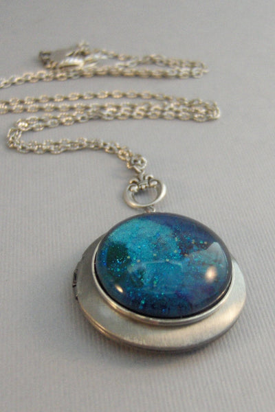 Blue Nile,Locket,Silver,Turquoise,Blue,Galaxy Necklace,Galaxy Locket,Blue Necklace,Blue Stone,Star Locket,Star Necklace valleygirldesigns.