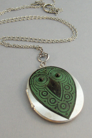 Evergreen Owl,Necklace,Locket,Owl,Green Owl,Green Locket,Owl Necklace,Green Necklace,Patina,Patina Locket,Verdigris.Valleygirldesigns