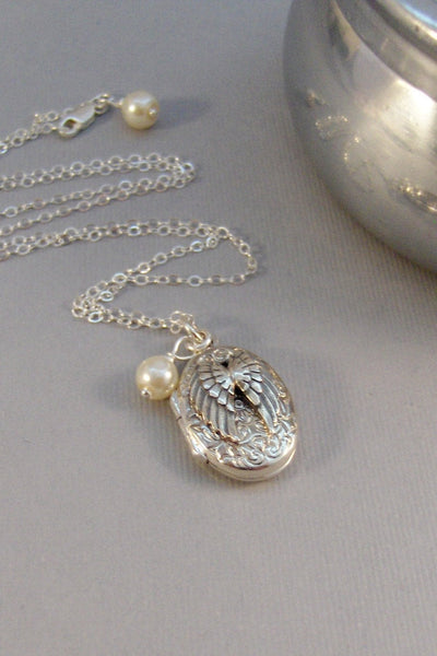 Guardian Angel,Locket,Silver Locket,Sterling Silver Locket,Angel Wing Necklace,Angel Wing Locket,Angel,Pearl,Wing,Wedding valleygirldesigns