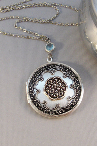 Flower Of Life,Locket,Flower Locket,Flower Necklace,Necklace,Aquamarine,Aquamarine Necklace,Mandala,Mandala Necklace,Sacred Geometry,