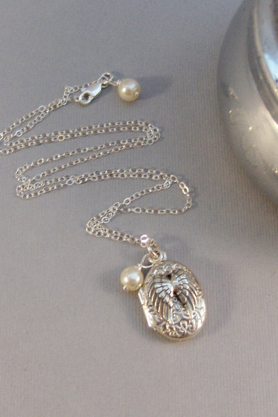 Guardian Angel,Locket,Silver Locket,Sterling Silver Locket,Angel Wing Necklace,Angel Wing Locket,Angel,Pearl,Wing,Wedding valleygirldesigns