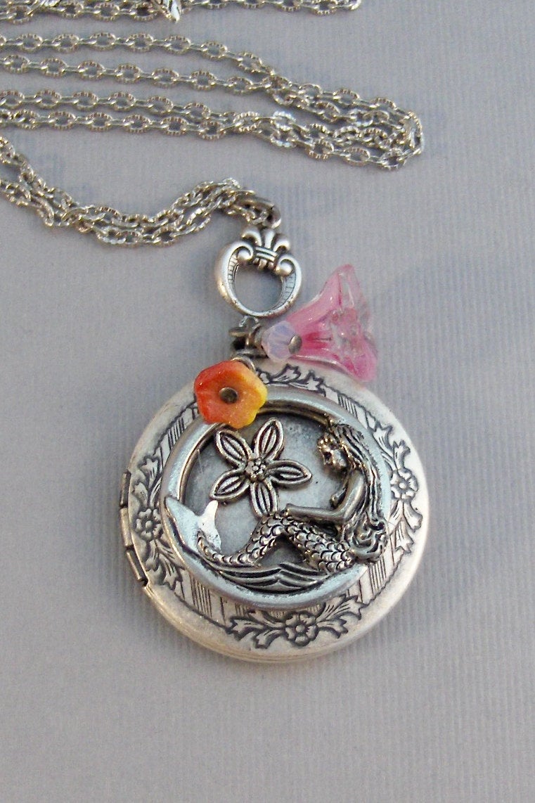 Aloha,Locket,Mermaid,Mermaid Locket,Antique,Gypsy Locket,Boho,Pink,Goddess,Ocean Locket,Pink Flower,Hawaii,Flower Locket valleygirldesigns