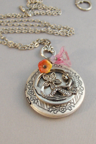 Aloha,Locket,Mermaid,Mermaid Locket,Antique,Gypsy Locket,Boho,Pink,Goddess,Ocean Locket,Pink Flower,Hawaii,Flower Locket valleygirldesigns