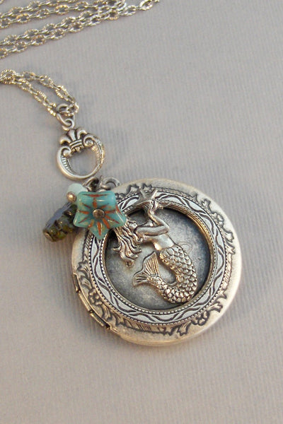 Botanical Mermaid,Blue Flower,Blue Mermaid,Mermaid Locket,Silver Locket,Necklace,Antique Locket,Summer,Boho,Gypsy,Mermaid.valleygirldesigns.