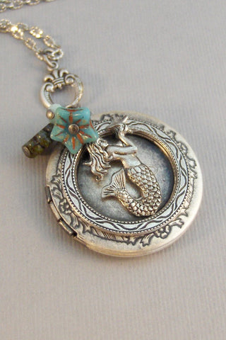 Botanical Mermaid,Blue Flower,Blue Mermaid,Mermaid Locket,Silver Locket,Necklace,Antique Locket,Summer,Boho,Gypsy,Mermaid.valleygirldesigns.