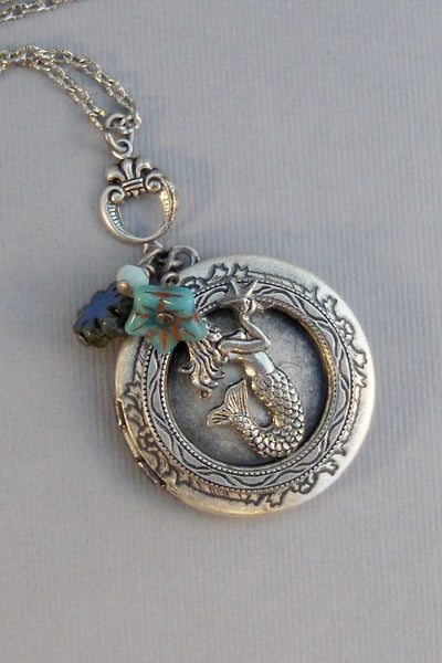 Botanical Mermaid,Blue Flower,Blue Mermaid,Mermaid Locket,Silver Locket,Necklace,Antique Locket,Summer,Boho,Gypsy,Mermaid.valleygirldesigns.