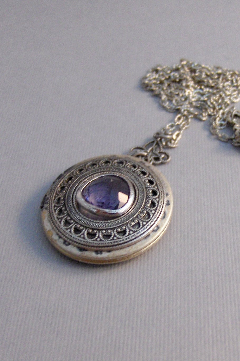 Amethyst Dawn,Locket,Antique Locket,Silver Locket,Amethyst Stone,Rhinestone,Vintage,Purple Stone,Amethyst Birthstone Valleygirldesigns.