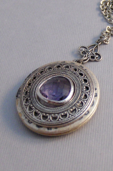 Amethyst Dawn,Locket,Antique Locket,Silver Locket,Amethyst Stone,Rhinestone,Vintage,Purple Stone,Amethyst Birthstone Valleygirldesigns.