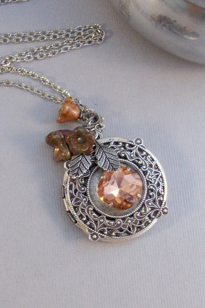 Harvest Rose,Locket,Antique Locket,Silver Locket,Peach,Rose,Peach Necklace,Rose Necklace,Peach Locket,Rose Locket Valleygirldesigns.