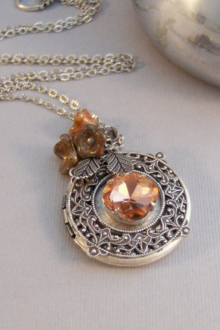 Harvest Rose,Locket,Antique Locket,Silver Locket,Peach,Rose,Peach Necklace,Rose Necklace,Peach Locket,Rose Locket Valleygirldesigns.