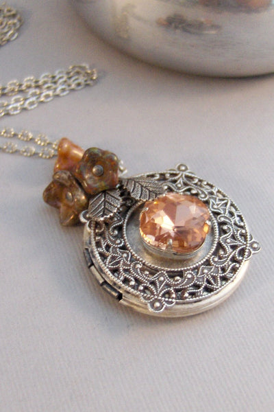 Harvest Rose,Locket,Antique Locket,Silver Locket,Peach,Rose,Peach Necklace,Rose Necklace,Peach Locket,Rose Locket Valleygirldesigns.