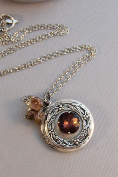 Cinnamon Clove,Locket,Antique Locket,Silver Locket,Garnet,Garnet Necklace,Garnet Locket,Birthstone,January Birthstone Valleygirldesigns.