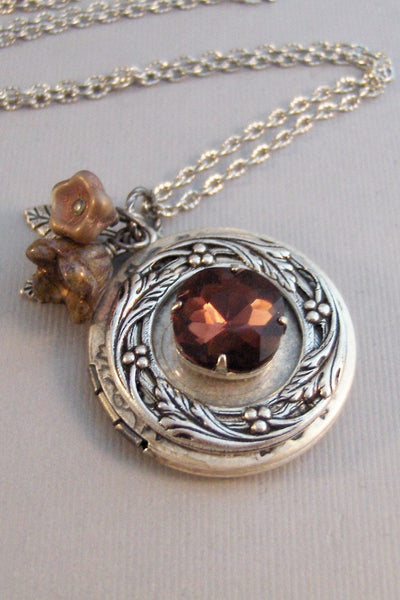 Cinnamon Clove,Locket,Antique Locket,Silver Locket,Garnet,Garnet Necklace,Garnet Locket,Birthstone,January Birthstone Valleygirldesigns.