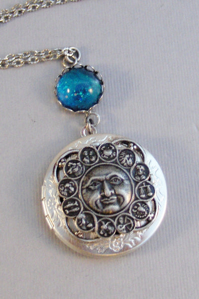 Moon Sign,Moon,Moon Necklace,Moon Locket,Necklace,Locket,Horoscope,Sign,Astrology,Blue Stone,Constellation,Galaxy,Sky,Valleygirldesigns.