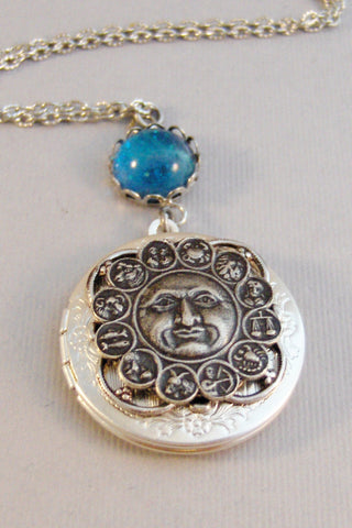 Moon Sign,Moon,Moon Necklace,Moon Locket,Necklace,Locket,Horoscope,Sign,Astrology,Blue Stone,Constellation,Galaxy,Sky,Valleygirldesigns.