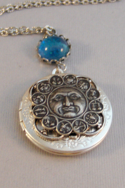 Moon Sign,Moon,Moon Necklace,Moon Locket,Necklace,Locket,Horoscope,Sign,Astrology,Blue Stone,Constellation,Galaxy,Sky,Valleygirldesigns.