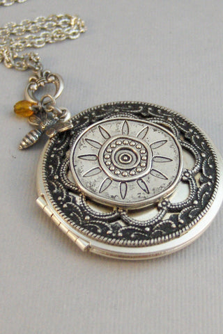 Warm Sunflower,Locket,Sunflower,Sunflower Necklace,Sunflower Locket,Silver Locket, Bee Locket,Bee Necklace,Silver Bee,Yellow Stone,NOvember